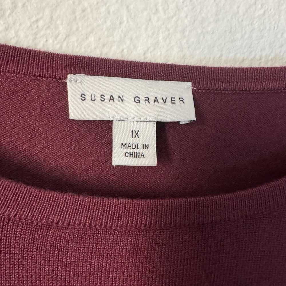Susan Graver Sweater Button Shirt Womens 1x Burgundy Preppy Lightweight Stretch - Picture 3 of 8